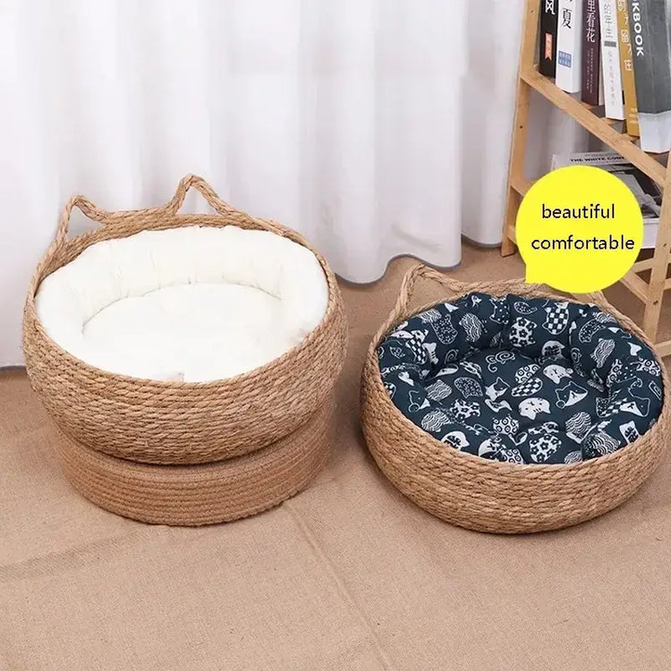 Lit chat naturel tressé – Confort premium | PawFrance