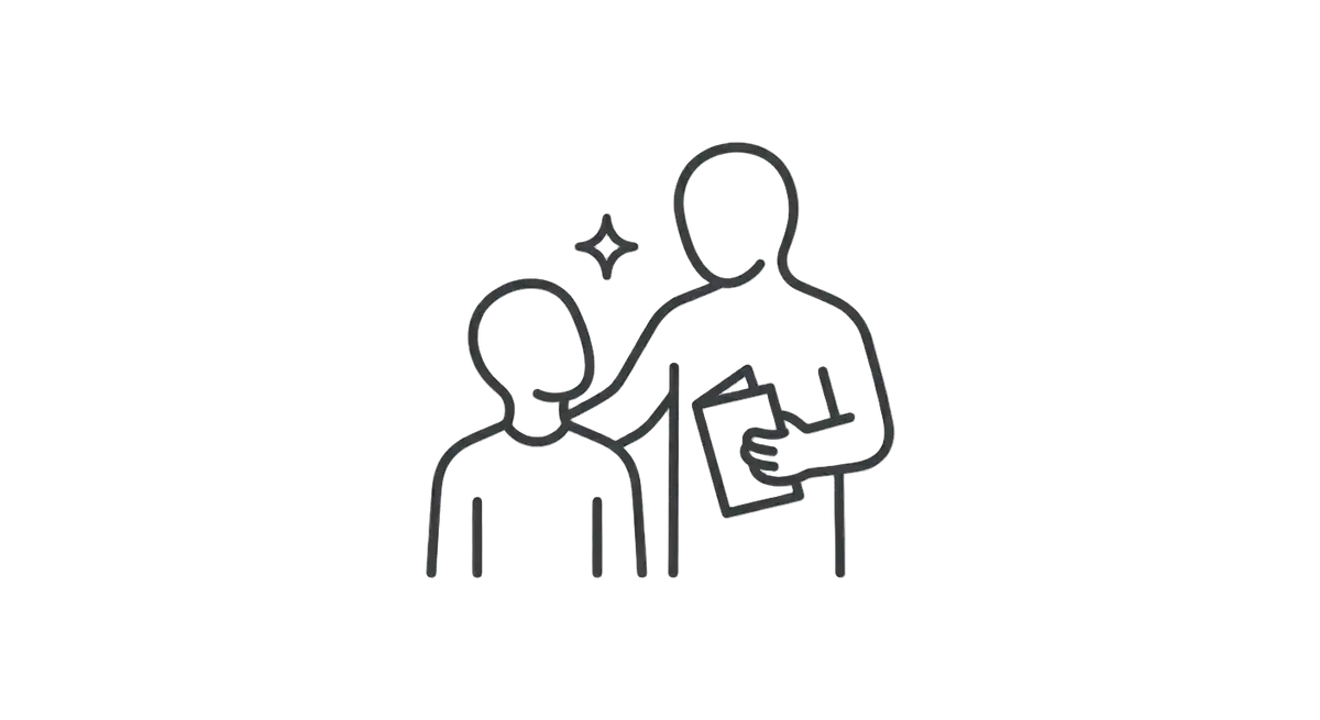 Logo en silhouette noire représentant deux personnages stylisés avec un signe plus au-dessus.