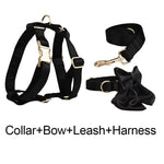 Pet Accessories Customized Designer Logo Luxury Silky Polyester Dog Collar Leashes Harness Bow Set Manufacturers