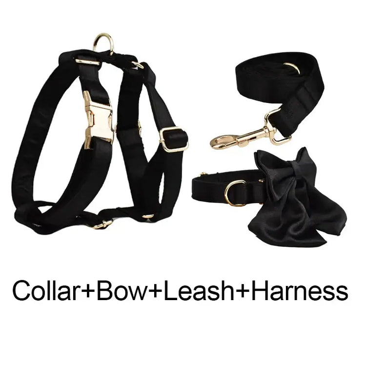 Pet Accessories Customized Designer Logo Luxury Silky Polyester Dog Collar Leashes Harness Bow Set Manufacturers