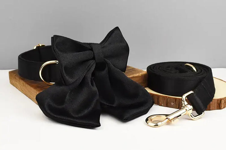 Pet Accessories Customized Designer Logo Luxury Silky Polyester Dog Collar Leashes Harness Bow Set Manufacturers
