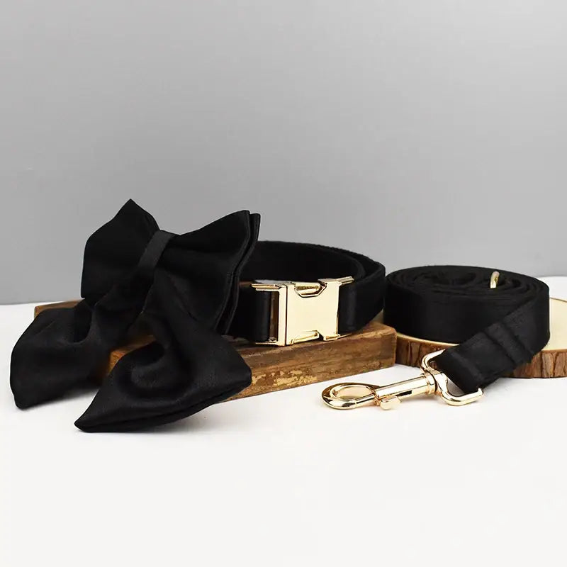 Pet Accessories Customized Designer Logo Luxury Silky Polyester Dog Collar Leashes Harness Bow Set Manufacturers
