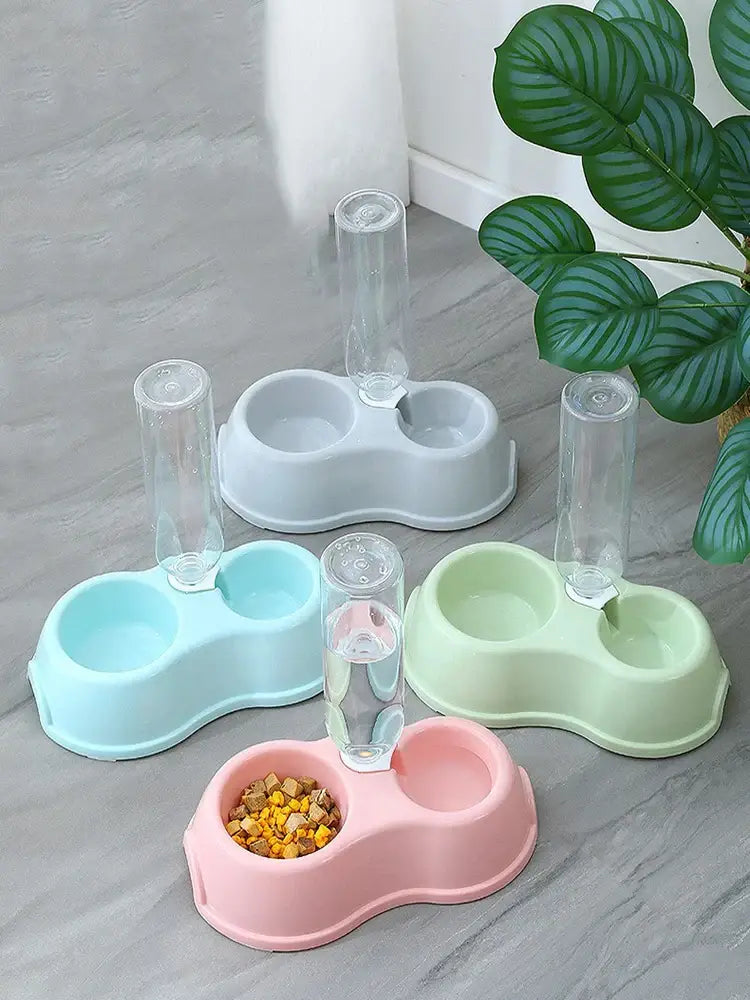 Pet Cat Bowl Automatic Feeder Water Dispenser Dog Cat Food Bowl with Drinking Raised Stand Double Dish Bowls for Cats