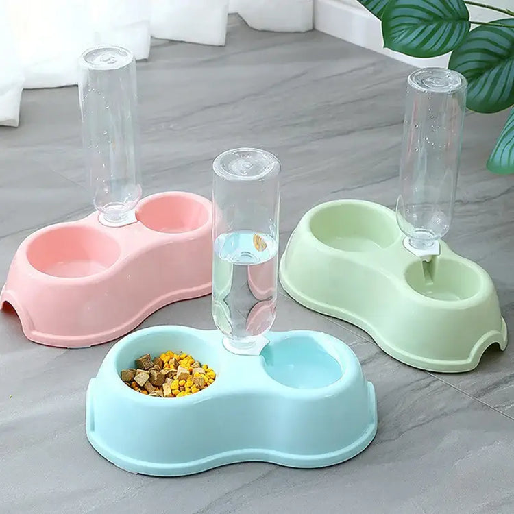 Pet Cat Bowl Automatic Feeder Water Dispenser Dog Cat Food Bowl with Drinking Raised Stand Double Dish Bowls for Cats