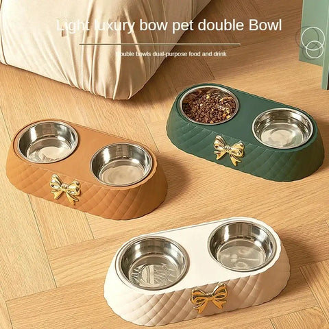 Pet Supplies Bow-tie Bowknot Cats Food Bowl PP Base Dog Bowl Stainless Steel Double Pet Accessories Feeding Drinking