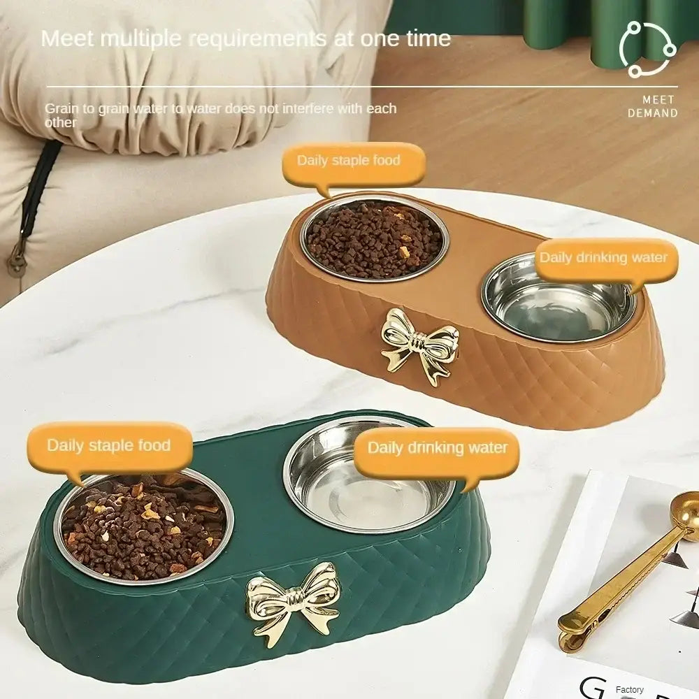 Pet Supplies Bow-tie Bowknot Cats Food Bowl PP Base Dog Bowl Stainless Steel Double Pet Accessories Feeding Drinking