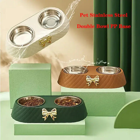 Pet Supplies Bow-tie Bowknot Cats Food Bowl PP Base Dog Bowl Stainless Steel Double Pet Accessories Feeding Drinking