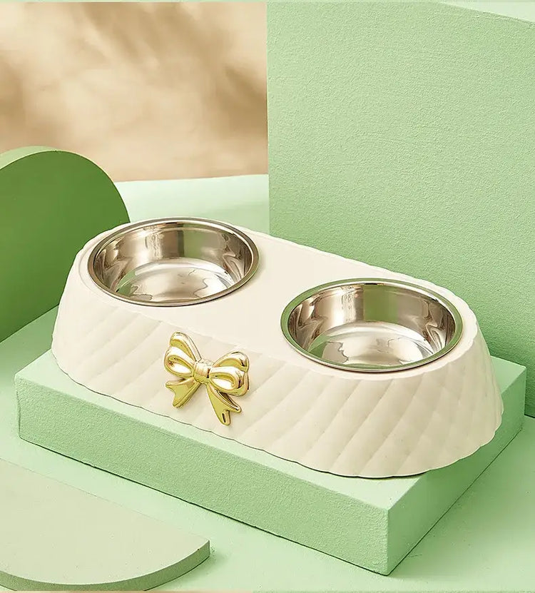 Pet Supplies Bow-tie Bowknot Cats Food Bowl PP Base Dog Bowl Stainless Steel Double Pet Accessories Feeding Drinking