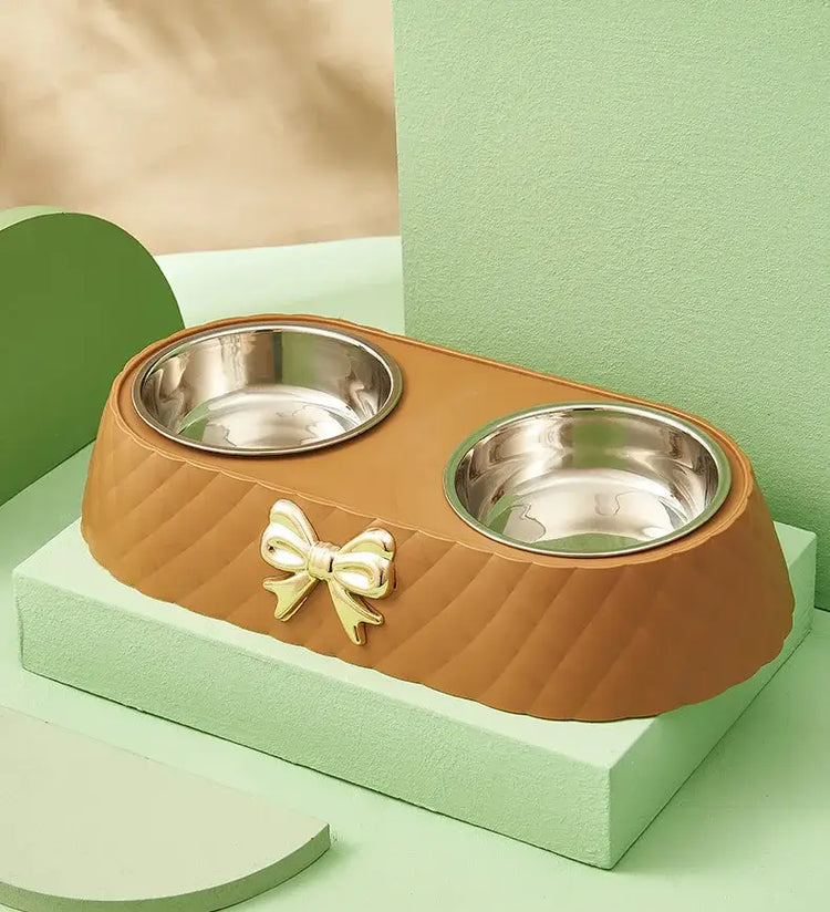 Pet Supplies Bow-tie Bowknot Cats Food Bowl PP Base Dog Bowl Stainless Steel Double Pet Accessories Feeding Drinking