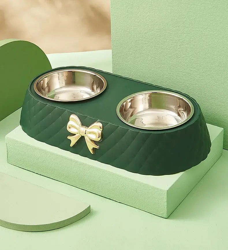 Pet Supplies Bow-tie Bowknot Cats Food Bowl PP Base Dog Bowl Stainless Steel Double Pet Accessories Feeding Drinking