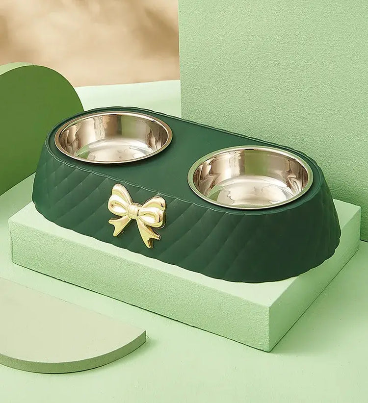 Pet Supplies Bow-tie Bowknot Cats Food Bowl PP Base Dog Bowl Stainless Steel Double Pet Accessories Feeding Drinking