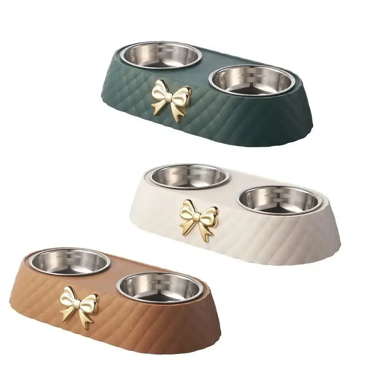 Pet Supplies Bow-tie Bowknot Cats Food Bowl PP Base Dog Bowl Stainless Steel Double Pet Accessories Feeding Drinking