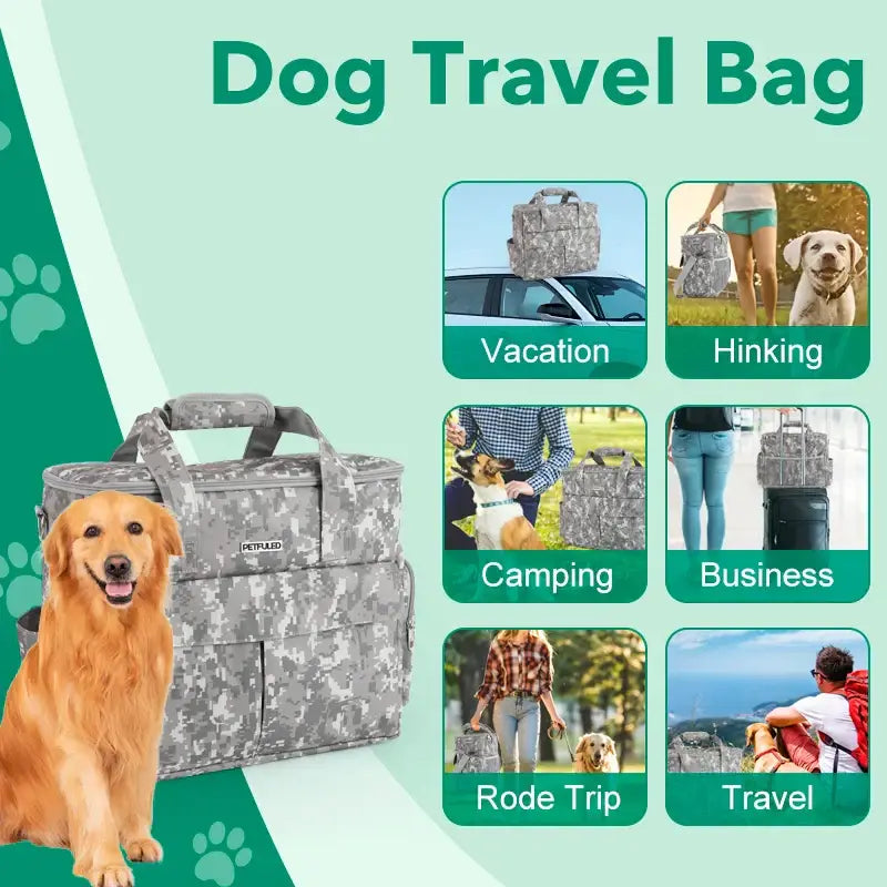 Pet Travel Bag Weekend Getaway Pet Storage Bag Includes Pad Pet Bowl Food Storage Pouch Multi-Functional Design
