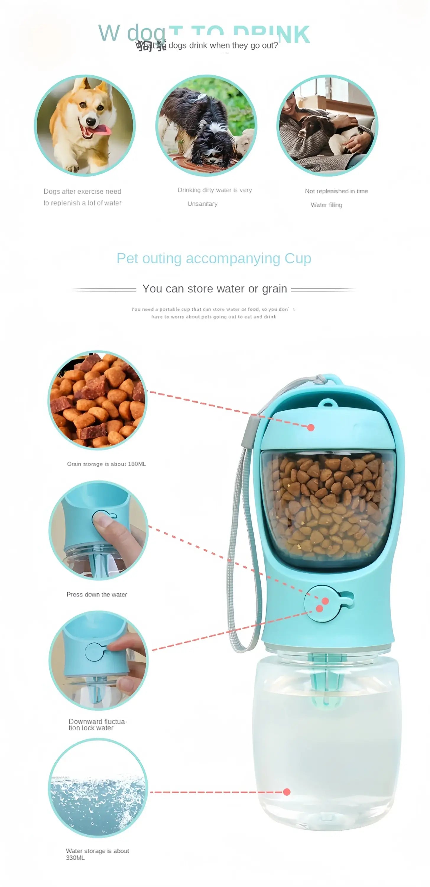 Portable Dog Cat Water Bottle with Storage Food and Water Container for Puppy Pets dogs Feeder Bowl Outdoor Travel Pet