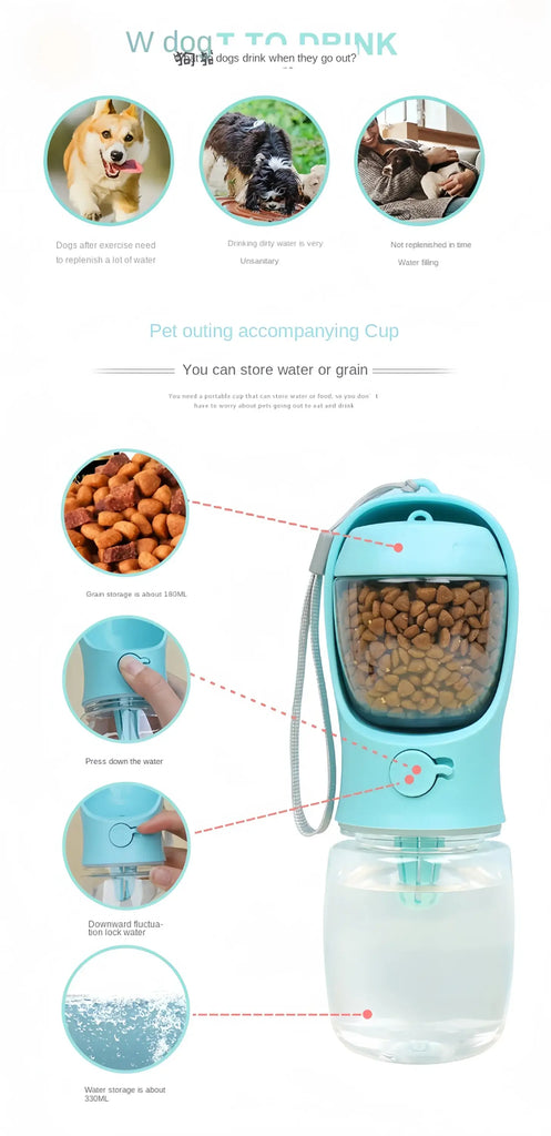 Portable Dog Cat Water Bottle with Storage Food and Water Container for Puppy Pets dogs Feeder Bowl Outdoor Travel Pet