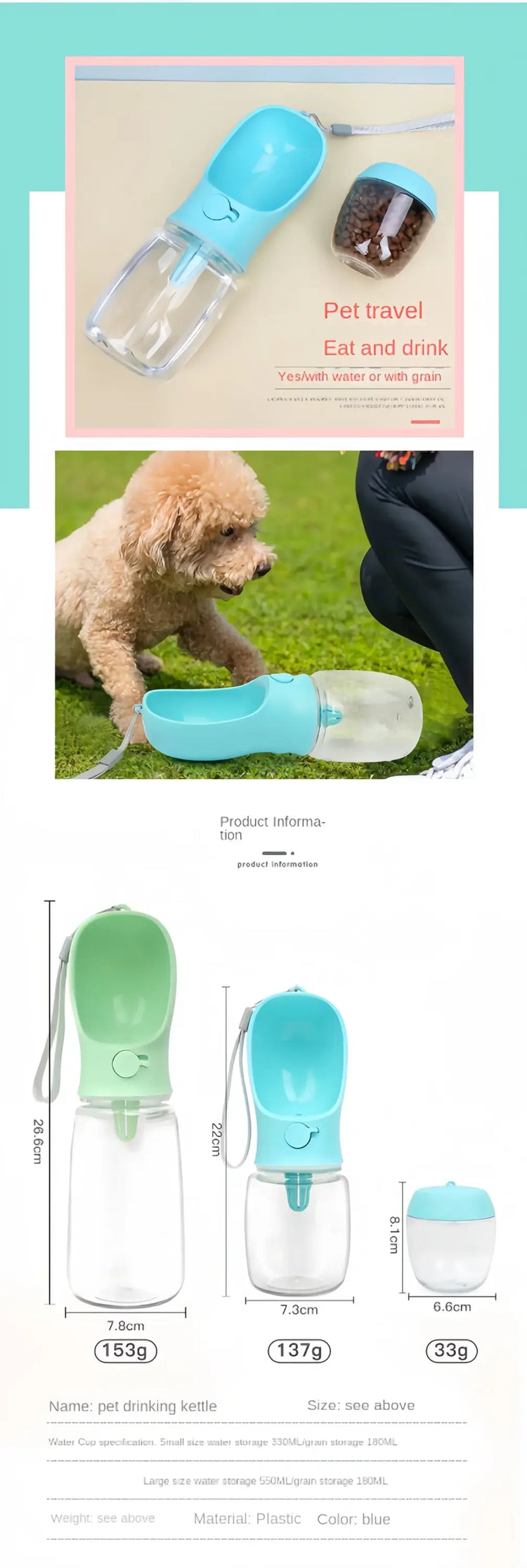 Portable Dog Cat Water Bottle with Storage Food and Water Container for Puppy Pets dogs Feeder Bowl Outdoor Travel Pet