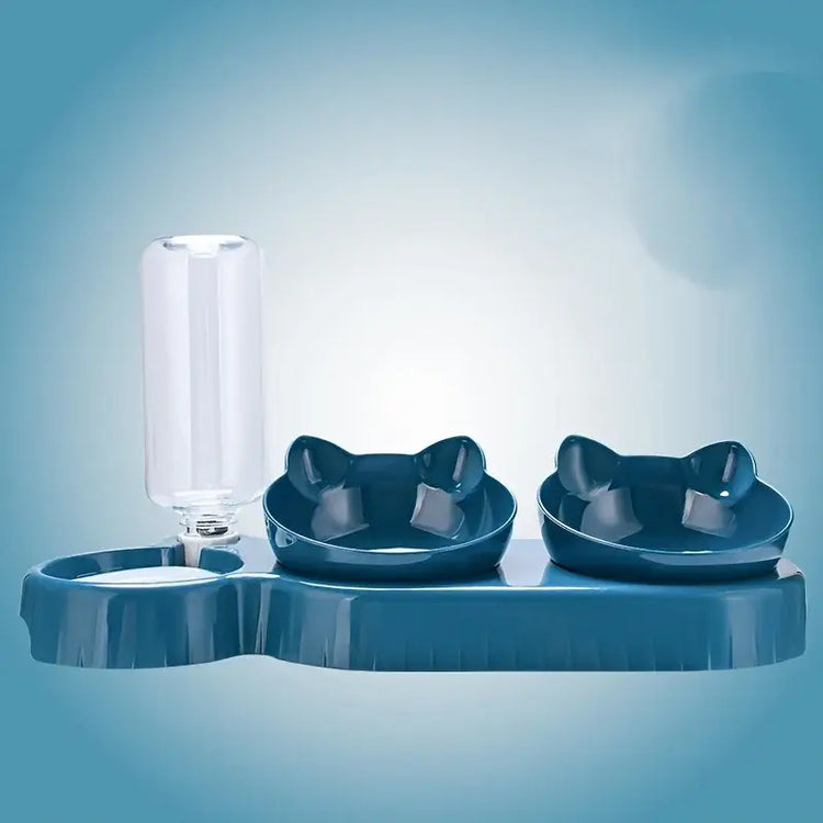 Three In One Cat Feeding Station Durable Plastic Food And Water Bowls Cute Cat Ear Design Suitable For Two Cats To Eat