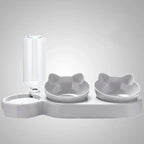 Three In One Cat Feeding Station Durable Plastic Food And Water Bowls Cute Cat Ear Design Suitable For Two Cats To Eat