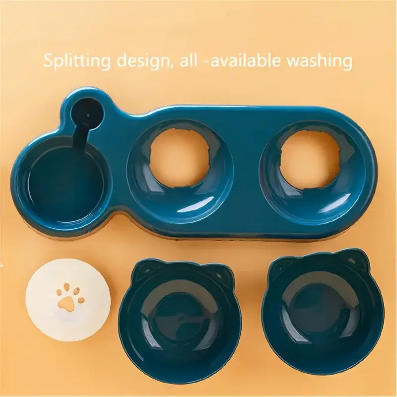Three In One Cat Feeding Station Durable Plastic Food And Water Bowls Cute Cat Ear Design Suitable For Two Cats To Eat