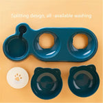Three In One Cat Feeding Station Durable Plastic Food And Water Bowls Cute Cat Ear Design Suitable For Two Cats To Eat