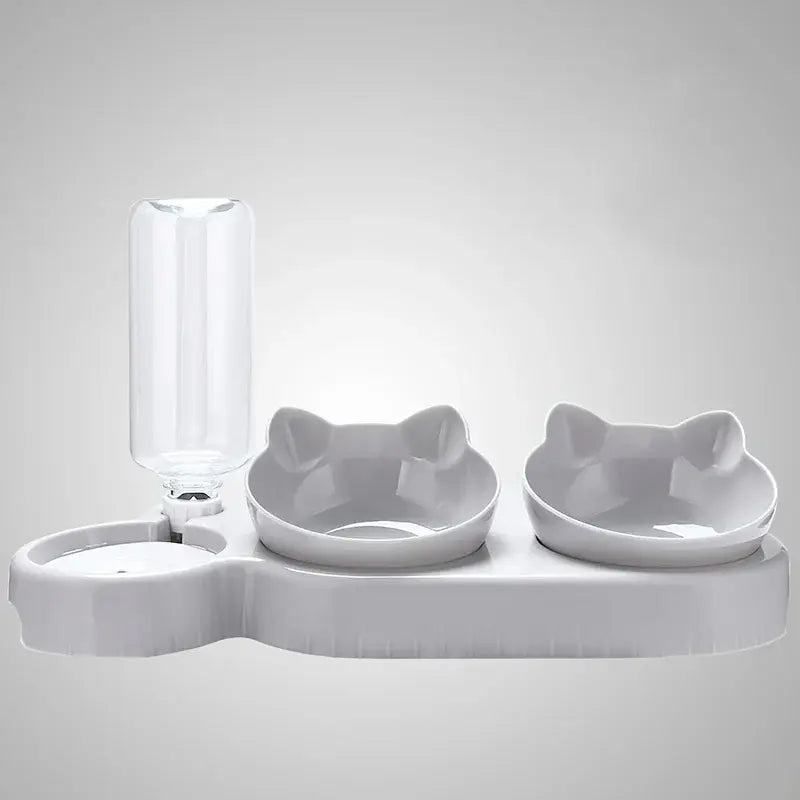 Three In One Cat Feeding Station Durable Plastic Food And Water Bowls Cute Cat Ear Design Suitable For Two Cats To Eat
