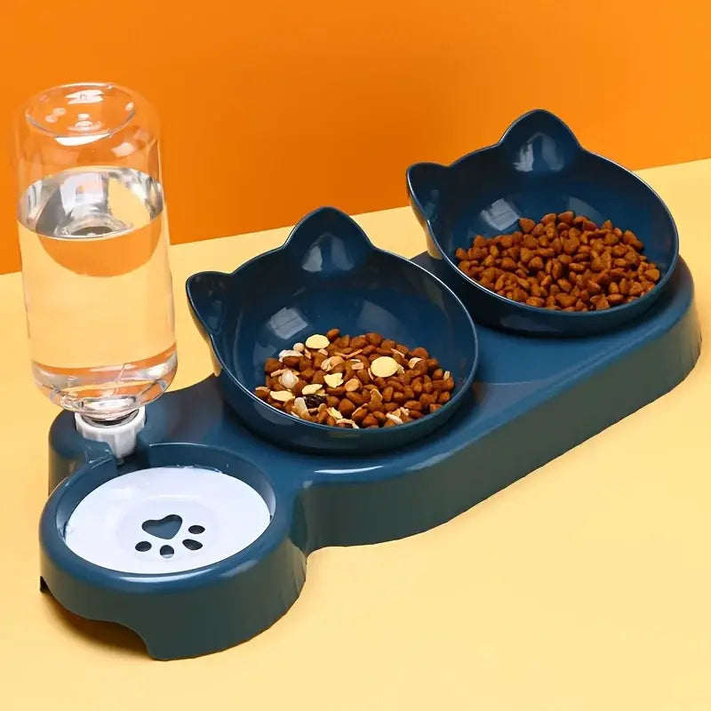 Three In One Cat Feeding Station Durable Plastic Food And Water Bowls Cute Cat Ear Design Suitable For Two Cats To Eat