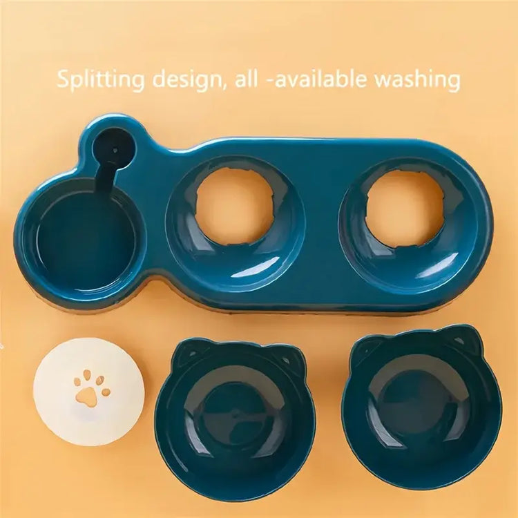 Three In One Cat Feeding Station Durable Plastic Food And Water Bowls Cute Cat Ear Design Suitable For Two Cats To Eat