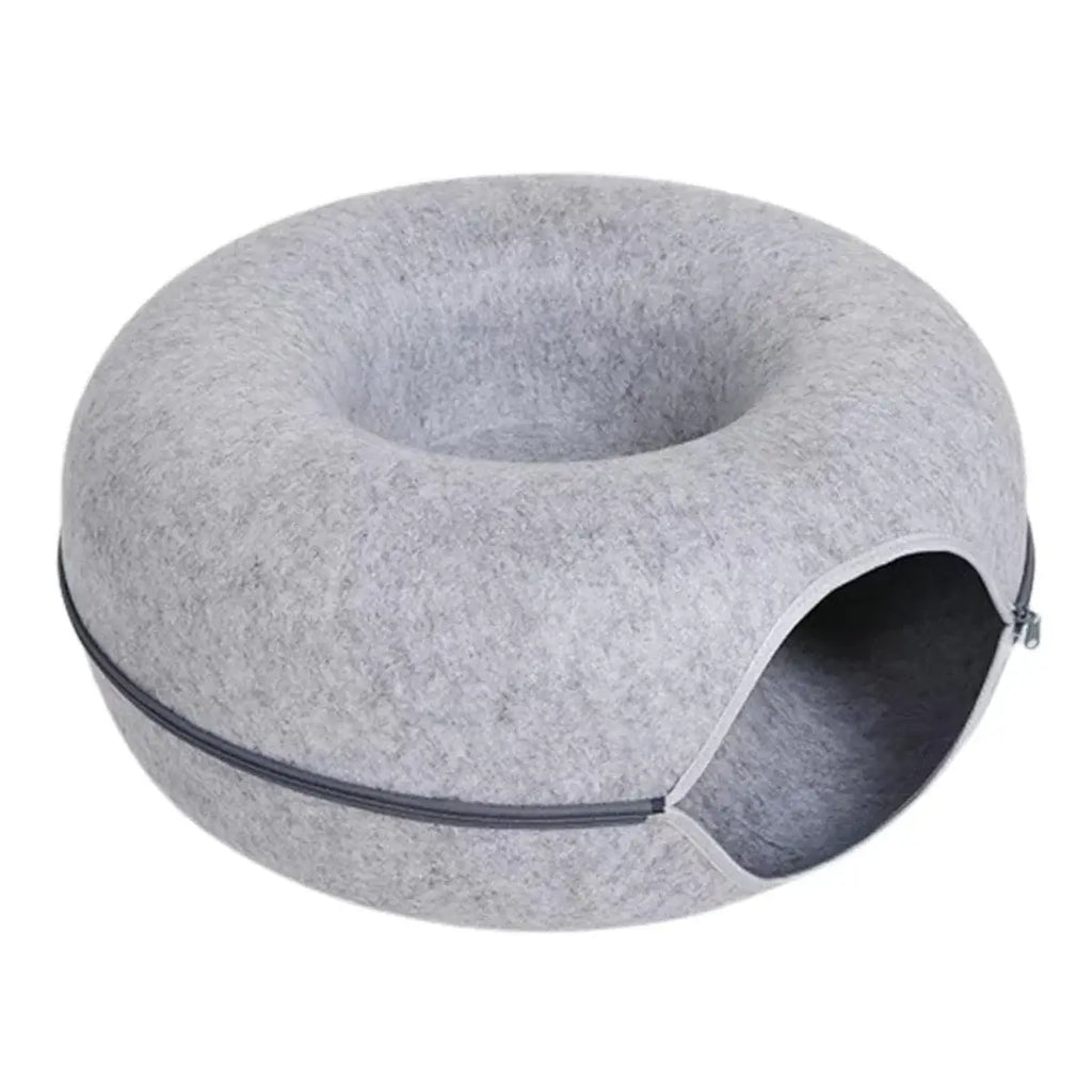 tunnel pour chat douillet en feutre gris, lit confortable pour chat avec espace de repos et de jeu